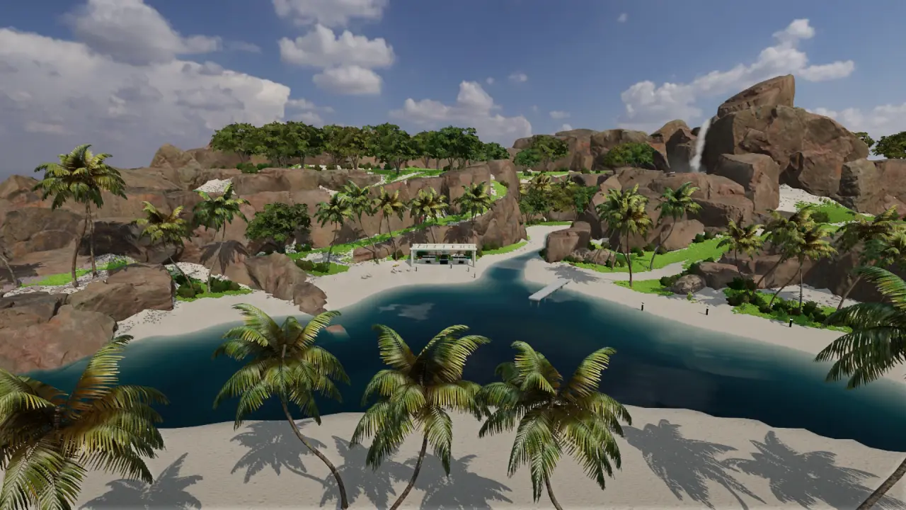 Vista de Cala Brisa, una bahía con palmeras en NÁCAR3D